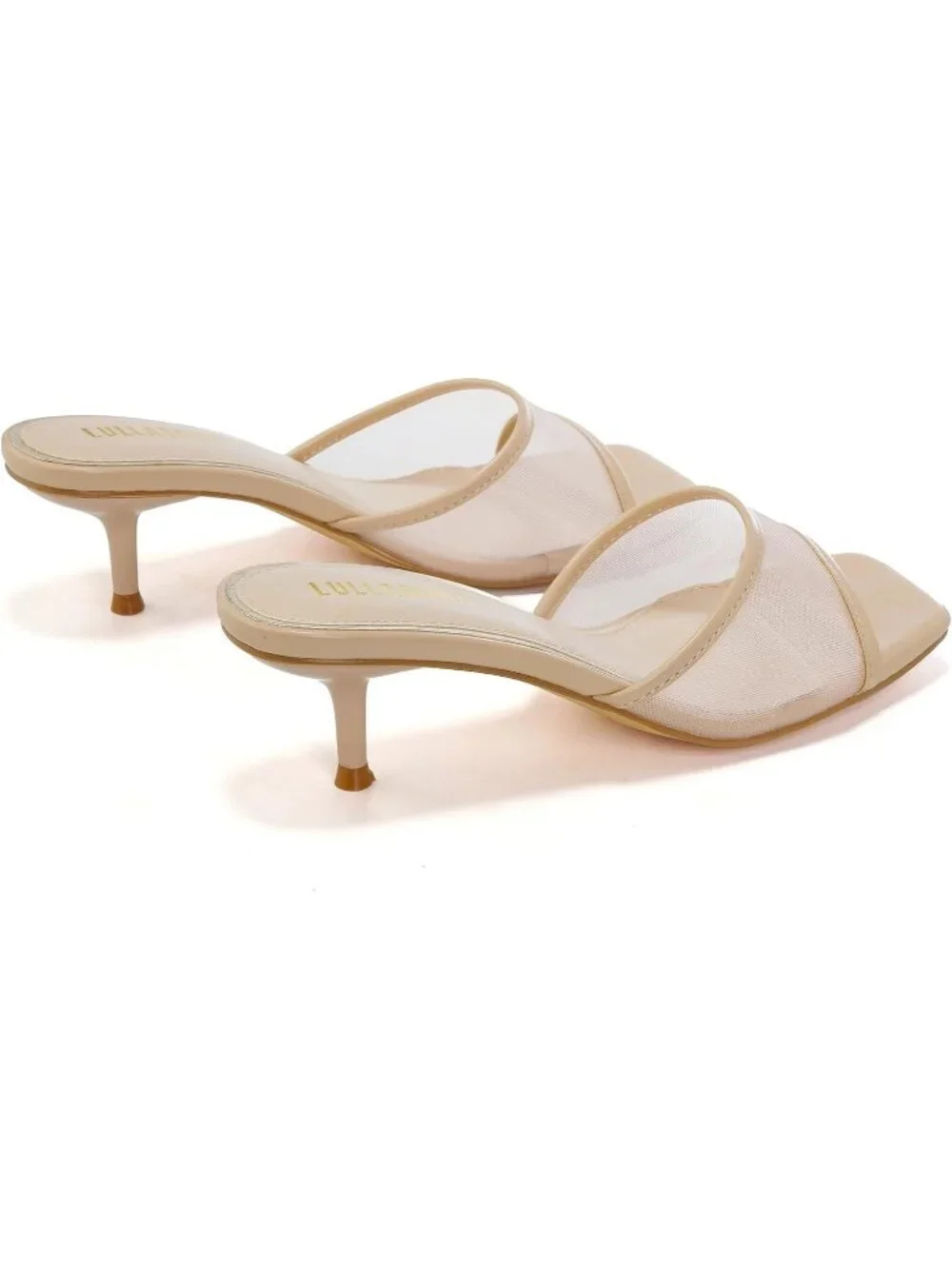 Women's Mesh Nude Faux Leather Square Open Toe Low Heel 2 Inch Heeled Sandal